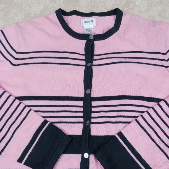LIZ BAKER Sweater Pink w/ Black Stripes Size Large - Picture 3 of 4